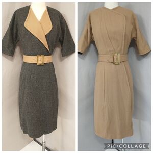 Vintage Reversible Wool Wrap Dress Camel & Gray Flex Styling Midi 60s 70s SeeMes